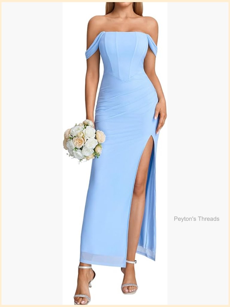 Off Shoulder Corset Maxi Formal Wedding Guest Dress Mesh Ruched Bodycon Slit